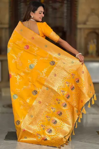 Yellow faux banarasi art silk blend woven meenakari saree