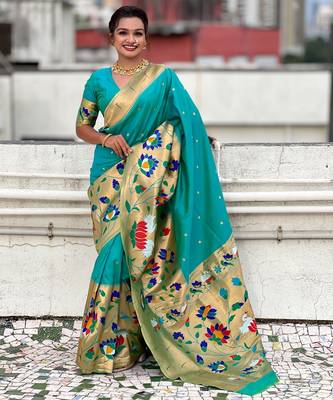 Sea green woven meenakari polka paithani art silk blend saree 1