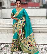Sea green woven meenakari polka paithani art silk saree