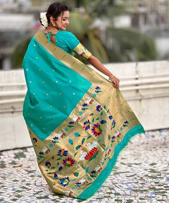 Sea green woven meenakari polka paithani art silk blend saree 2