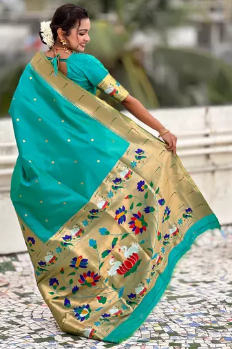 Sea green woven meenakari polka paithani art silk blend saree