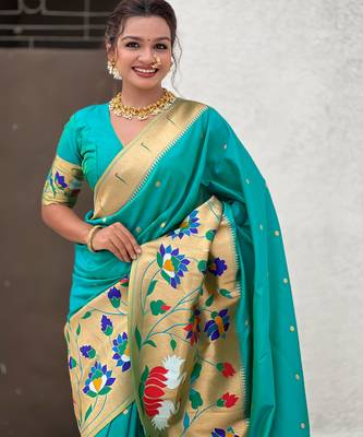 Sea green woven meenakari polka paithani art silk blend saree 3