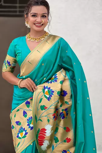 Sea green woven meenakari polka paithani art silk blend saree