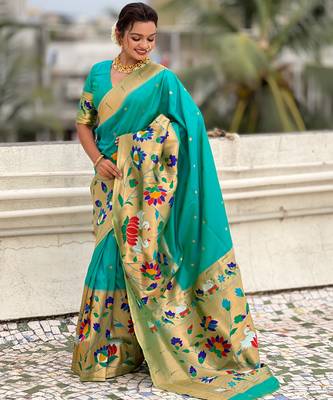 Sea green woven meenakari polka paithani art silk blend saree 4