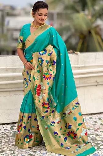 Sea green woven meenakari polka paithani art silk blend saree