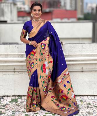 Blue woven meenakari polka paithani art silk blend saree 1