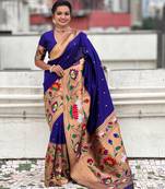 Blue woven meenakari polka paithani art silk saree