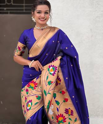 Blue woven meenakari polka paithani art silk blend saree 3