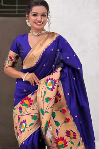 Blue woven meenakari polka paithani art silk blend saree