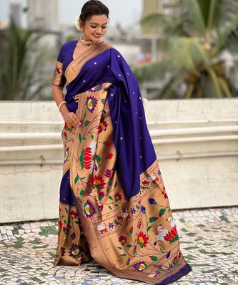 Blue woven meenakari polka paithani art silk blend saree 4