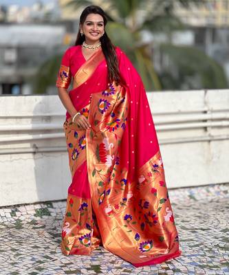 Pink woven meenakari polka paithani art silk blend saree 1