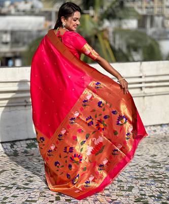 Pink woven meenakari polka paithani art silk blend saree 2