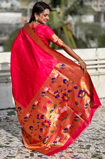 Pink woven meenakari polka paithani art silk blend saree