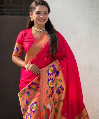 Pink woven meenakari polka paithani art silk blend saree 3