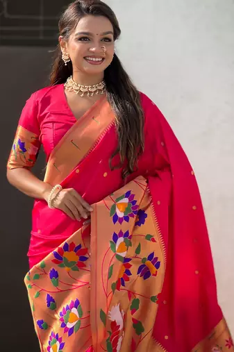 Pink woven meenakari polka paithani art silk blend saree