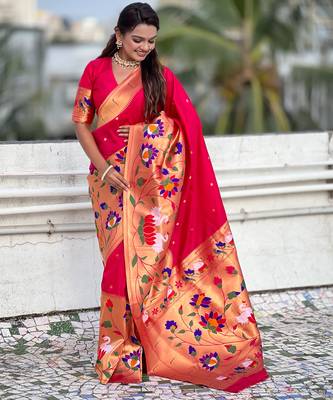 Pink woven meenakari polka paithani art silk blend saree 4