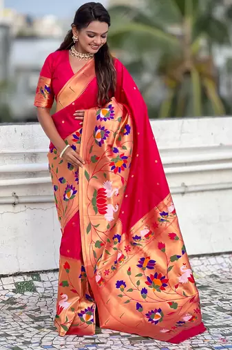 Pink woven meenakari polka paithani art silk blend saree