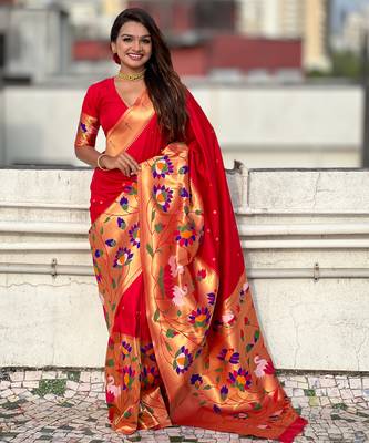 Red woven meenakari polka paithani art silk blend saree 1