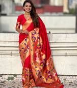 Red woven meenakari polka paithani art silk saree