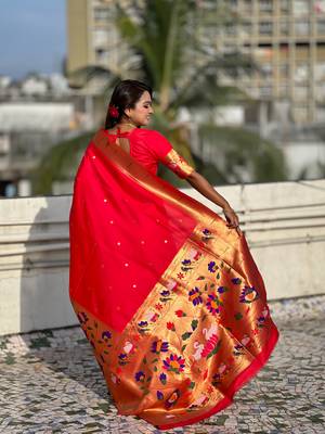 Red woven meenakari polka paithani art silk blend saree 2