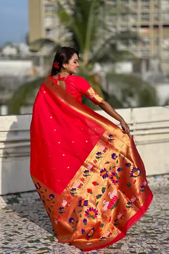 Red woven meenakari polka paithani art silk blend saree