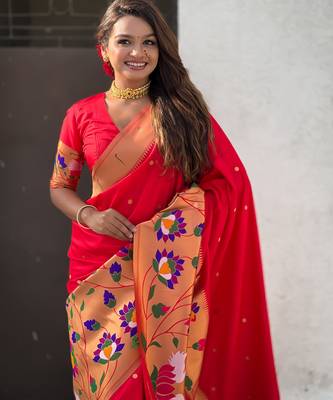 Red woven meenakari polka paithani art silk blend saree 3