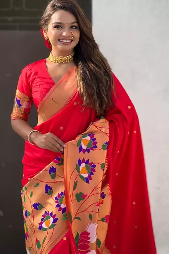 Red woven meenakari polka paithani art silk blend saree