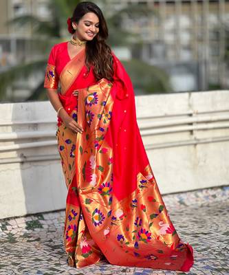 Red woven meenakari polka paithani art silk blend saree 4
