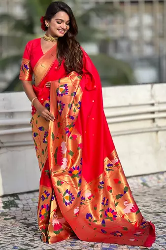 Red woven meenakari polka paithani art silk blend saree