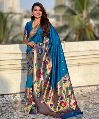 Teal blue woven meenakari polka paithani art silk blend saree 1