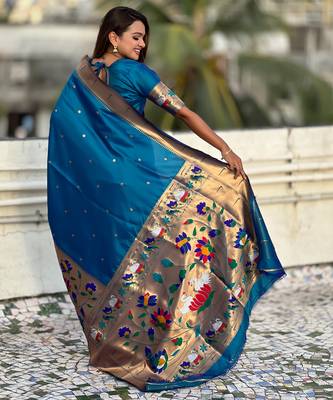 Teal blue woven meenakari polka paithani art silk blend saree 2