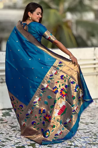 Teal blue woven meenakari polka paithani art silk blend saree