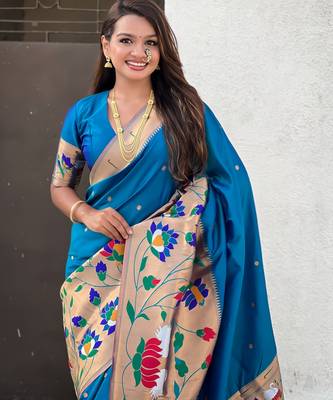 Teal blue woven meenakari polka paithani art silk blend saree 3