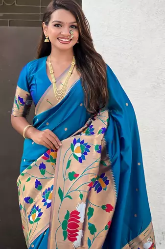 Teal blue woven meenakari polka paithani art silk blend saree