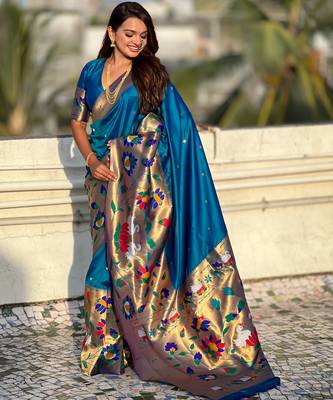 Teal blue woven meenakari polka paithani art silk blend saree 4