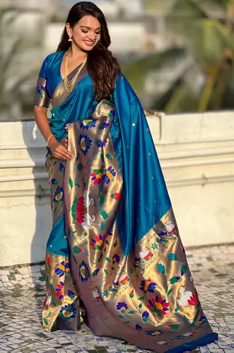 Teal blue woven meenakari polka paithani art silk blend saree