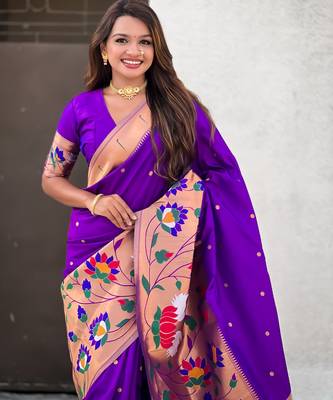 Lavender woven meenakari polka paithani art silk blend saree 3