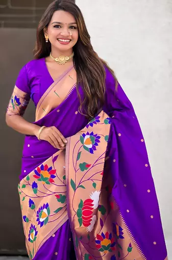 Lavender woven meenakari polka paithani art silk blend saree