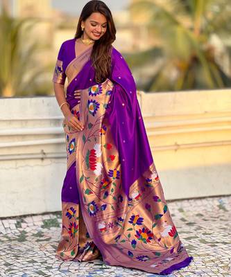 Lavender woven meenakari polka paithani art silk blend saree 4