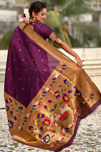 Wine woven meenakari polka paithani art silk blend saree