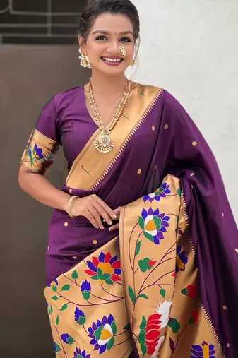 Wine woven meenakari polka paithani art silk blend saree