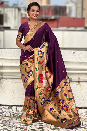 Wine woven meenakari polka paithani art silk blend saree
