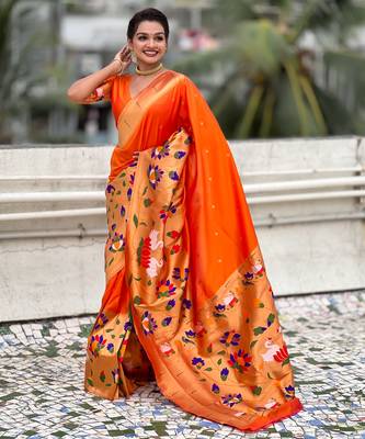 Orange woven meenakari polka paithani art silk blend saree 1
