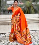 Orange woven meenakari polka paithani art silk saree