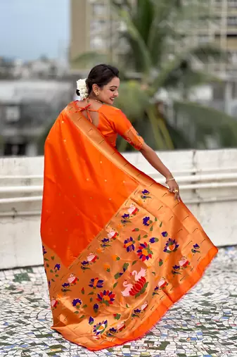 Orange woven meenakari polka paithani art silk blend saree