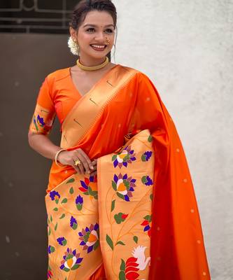 Orange woven meenakari polka paithani art silk blend saree 3