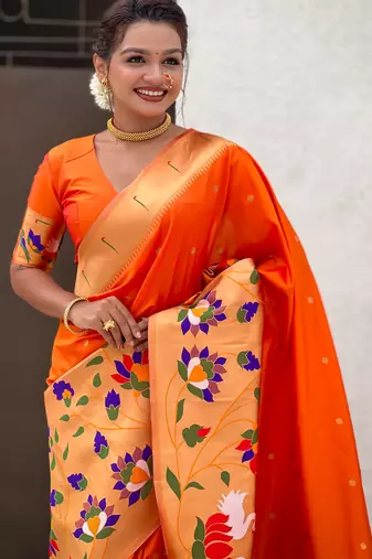 Orange woven meenakari polka paithani art silk blend saree
