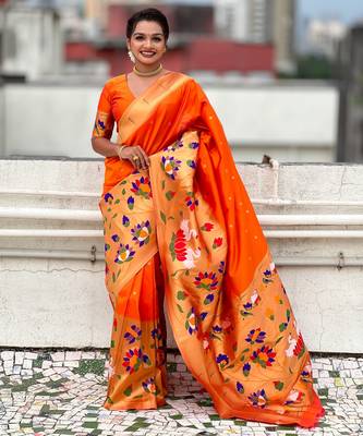 Orange woven meenakari polka paithani art silk blend saree 4