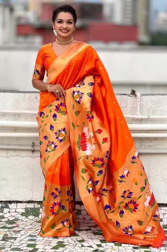 Orange woven meenakari polka paithani art silk blend saree