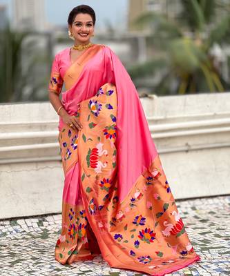 Pink woven meenakari polka paithani art silk blend saree 1